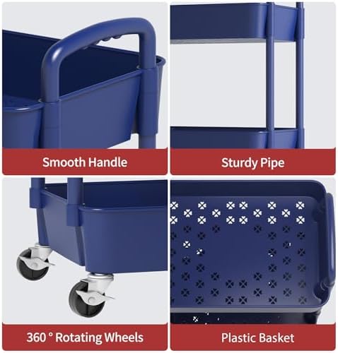 Sywhitta 3-Tier Plastic Rolling Utility Cart with Wheels for Storage, Blue in Blue, alternate view 6