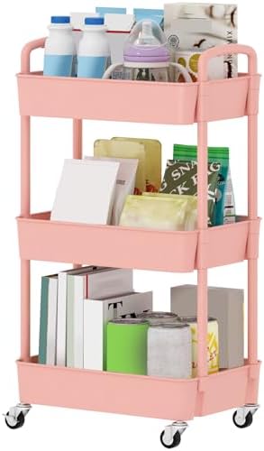 Sywhitta 3-Tier Plastic Rolling Utility Cart with Wheels for Storage, Pink in Pink