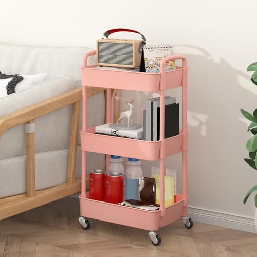 Sywhitta 3-Tier Plastic Rolling Utility Cart with Wheels for Storage, Pink in Pink, alternate view 2
