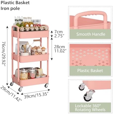 Sywhitta 3-Tier Plastic Rolling Utility Cart with Wheels for Storage, Pink in Pink, alternate view 3