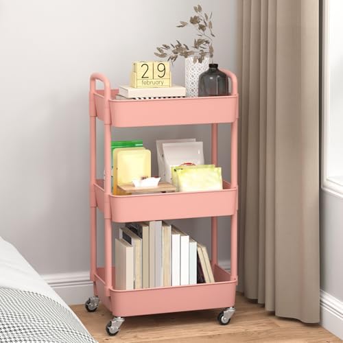 Sywhitta 3-Tier Plastic Rolling Utility Cart with Wheels for Storage, Pink in Pink, alternate view 4