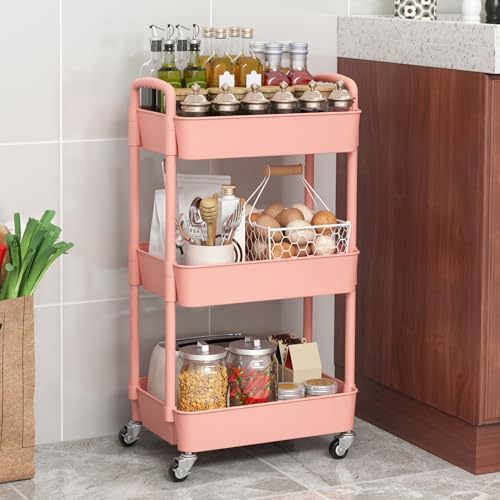 Sywhitta 3-Tier Plastic Rolling Utility Cart with Wheels for Storage, Pink in Pink, alternate view 5