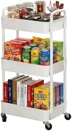 Sywhitta 3-Tier Plastic Rolling Utility Cart with Wheels for Storage, White in White