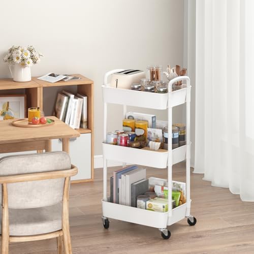 Sywhitta 3-Tier Plastic Rolling Utility Cart with Wheels for Storage, White in White, alternate view 2