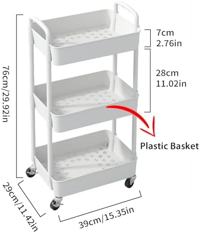 Sywhitta 3-Tier Plastic Rolling Utility Cart with Wheels for Storage, White in White, alternate view 3