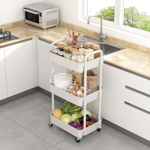 Sywhitta 3-Tier Plastic Rolling Utility Cart with Wheels for Storage, White in White, alternate view 4