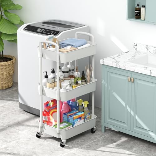 Sywhitta 3-Tier Plastic Rolling Utility Cart with Wheels for Storage, White in White, alternate view 5