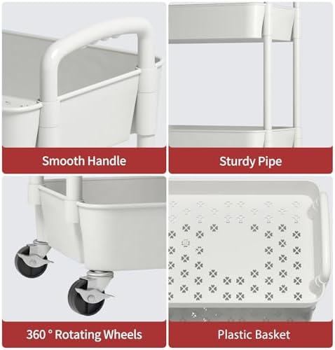 Sywhitta 3-Tier Plastic Rolling Utility Cart with Wheels for Storage, White in White, alternate view 6