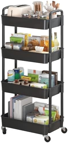 Sywhitta 4-Tier Plastic Rolling Utility Cart with Wheels for Storage, Black in Black
