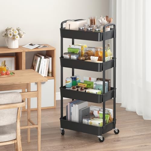 Sywhitta 4-Tier Plastic Rolling Utility Cart with Wheels for Storage, Black in Black, alternate view 2