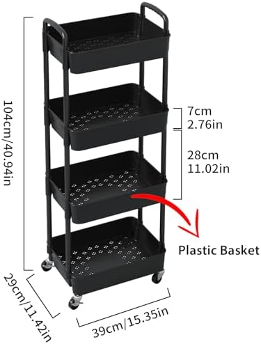 Sywhitta 4-Tier Plastic Rolling Utility Cart with Wheels for Storage, Black in Black, alternate view 3