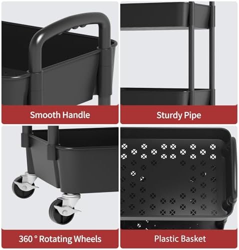 Sywhitta 4-Tier Plastic Rolling Utility Cart with Wheels for Storage, Black in Black, alternate view 4