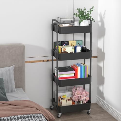 Sywhitta 4-Tier Plastic Rolling Utility Cart with Wheels for Storage, Black in Black, alternate view 6