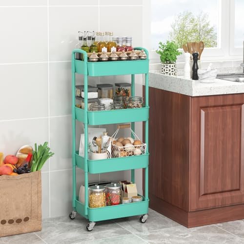 Sywhitta 4-Tier Plastic Rolling Utility Cart with Wheels for Storage, Green in Green, alternate view 2