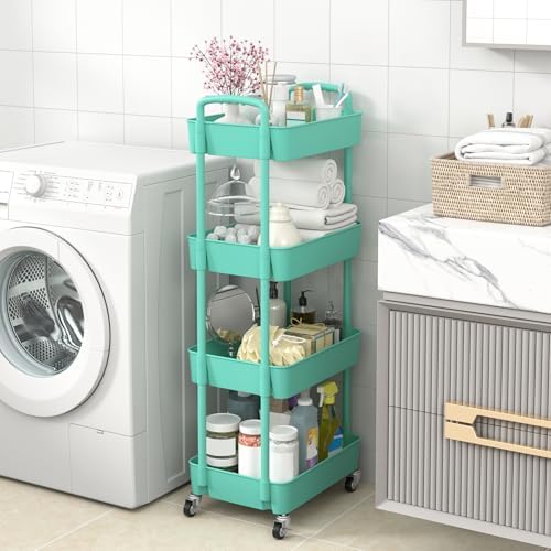 Sywhitta 4-Tier Plastic Rolling Utility Cart with Wheels for Storage, Green in Green, alternate view 4