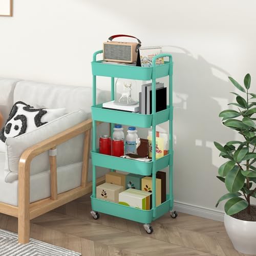 Sywhitta 4-Tier Plastic Rolling Utility Cart with Wheels for Storage, Green in Green, alternate view 5