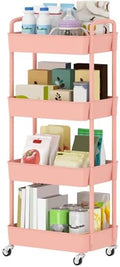 Sywhitta 4-Tier Plastic Rolling Utility Cart with Wheels for Storage, Pink in Pink