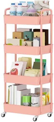 Sywhitta 4-Tier Plastic Rolling Utility Cart with Wheels for Storage, Pink in Pink