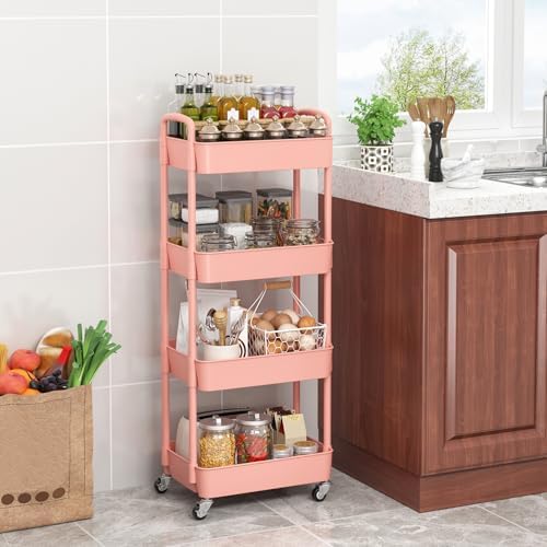 Sywhitta 4-Tier Plastic Rolling Utility Cart with Wheels for Storage, Pink in Pink, alternate view 2