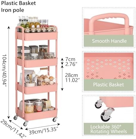 Sywhitta 4-Tier Plastic Rolling Utility Cart with Wheels for Storage, Pink in Pink, alternate view 3