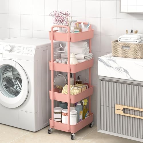 Sywhitta 4-Tier Plastic Rolling Utility Cart with Wheels for Storage, Pink in Pink, alternate view 4
