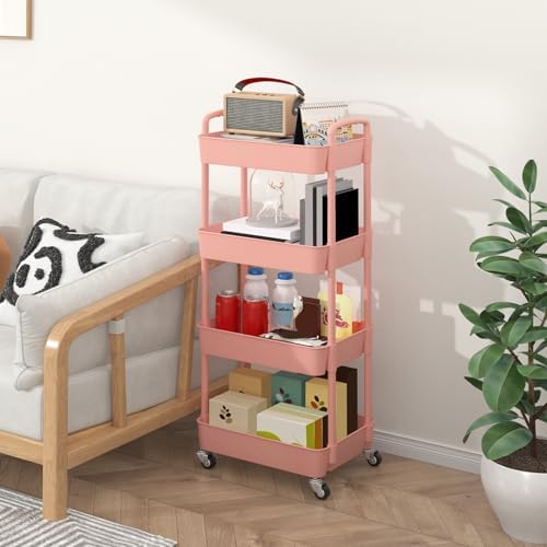 Sywhitta 4-Tier Plastic Rolling Utility Cart with Wheels for Storage, Pink in Pink, alternate view 6