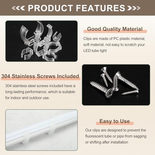 T6 U Clips Holder Bracket Fluorescent Tube Light Fixture Plastic Pipe Clamps with Screws for LED Bulbs Ceiling, alternate