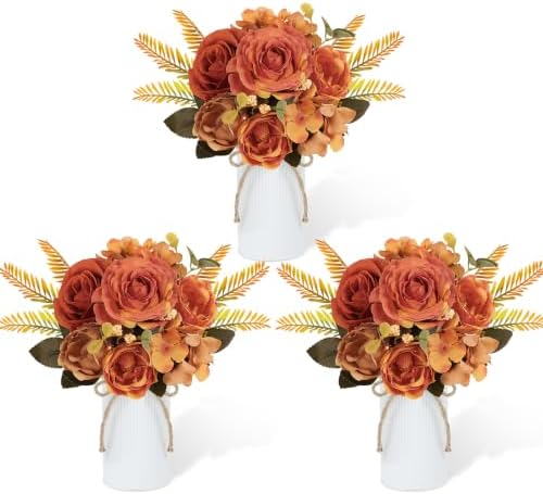 Table Centerpieces Set of 3 - Wedding Centerpieces for Tables with 6 Pcs Silk Rose Bouquets and 3 Pcs Metal