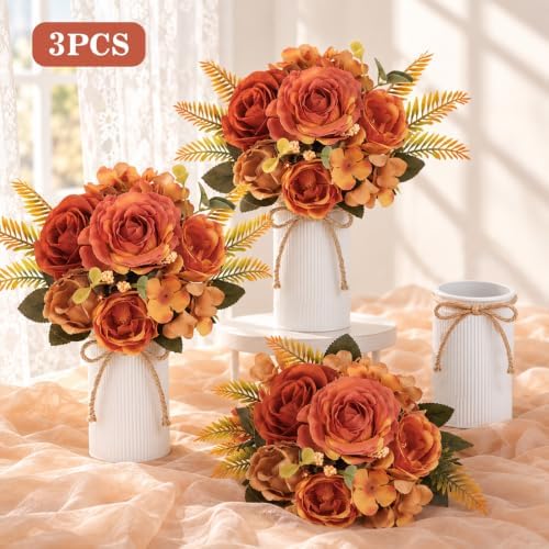 Table Centerpieces Set of 3 - Wedding Centerpieces for Tables with 6 Pcs Silk Rose Bouquets and 3 Pcs Metal, alternate view 2