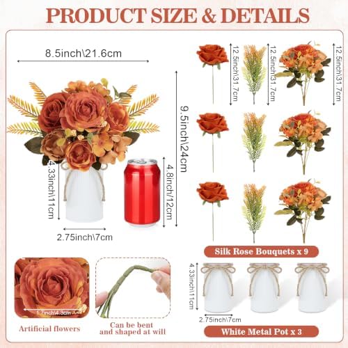 Table Centerpieces Set of 3 - Wedding Centerpieces for Tables with 6 Pcs Silk Rose Bouquets and 3 Pcs Metal, alternate view 3