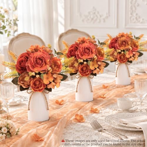 Table Centerpieces Set of 3 - Wedding Centerpieces for Tables with 6 Pcs Silk Rose Bouquets and 3 Pcs Metal, alternate view 4