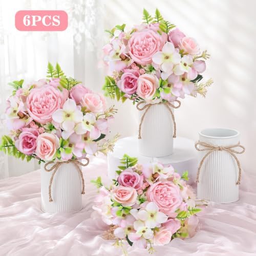 Table Centerpieces Set of 6 - Wedding Centerpieces for Tables with 12 Pcs Silk Rose Bouquets and 6 Pcs Metal, alternate view