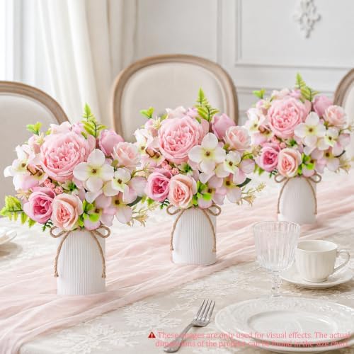 Table Centerpieces Set of 6 - Wedding Centerpieces for Tables with 12 Pcs Silk Rose Bouquets and 6 Pcs Metal, alternate view