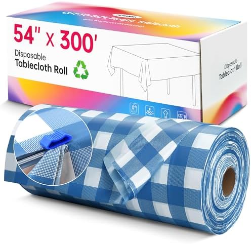 Table Cover Roll, 54In x 300Ft Plastic Table Cloth Disposable in 54" x 3600" (Rectangular) in Blue Plaid