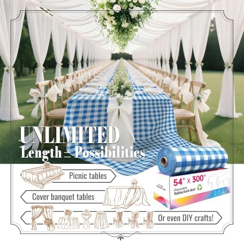 Table Cover Roll, 54In x 300Ft Plastic Table Cloth Disposable in 54" x 3600" (Rectangular) in Blue Plaid, alternate view 2