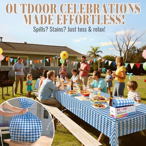 Table Cover Roll, 54In x 300Ft Plastic Table Cloth Disposable in 54" x 3600" (Rectangular) in Blue Plaid, alternate view 6