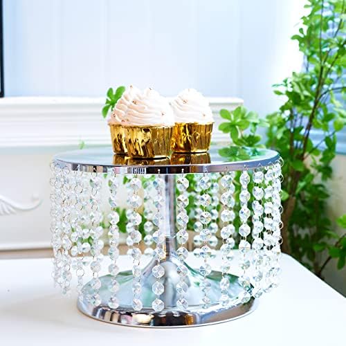 Tall Silver Cake Stand with Beaded Crystal Metal Cake Pedestal, Cake Stand 12 inch Round Wedding Metal Cake, alternate view 2