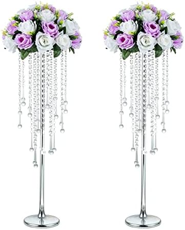Tall Silver Centerpiece for Table, Metal, 29.5", 2 Pcs in Silver
