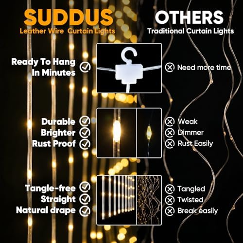 Tangle-Free Curtain Lights,200 LED 6.5x6.5ft Hanging Lights with Hooks, Curtain Lights for Bedroom, Christmas, alternate view