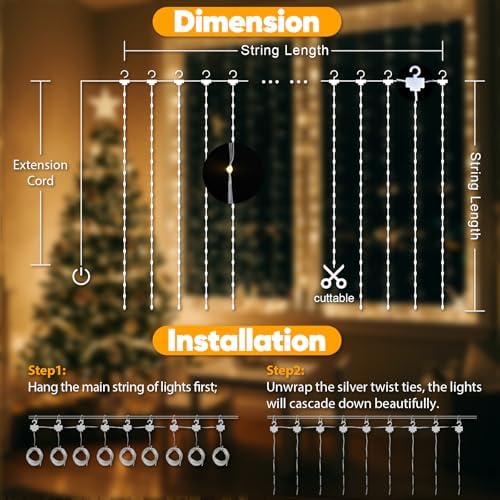 Tangle-Free Curtain Lights,200 LED 6.5x6.5ft Hanging Lights with Hooks, Curtain Lights for Bedroom, Christmas, alternate view
