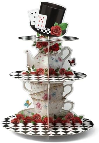 Tea Party Cupcake Stand - 3 Tier Floral Tea Party Cupcake Tower Decorations Wonderland Teapot Black and White