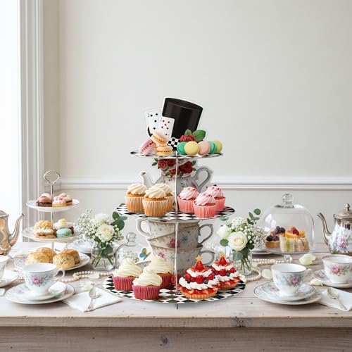Tea Party Cupcake Stand - 3 Tier Floral Tea Party Cupcake Tower Decorations Wonderland Teapot Black and White, alternate view