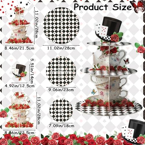 Tea Party Cupcake Stand - 3 Tier Floral Tea Party Cupcake Tower Decorations Wonderland Teapot Black and White, alternate view