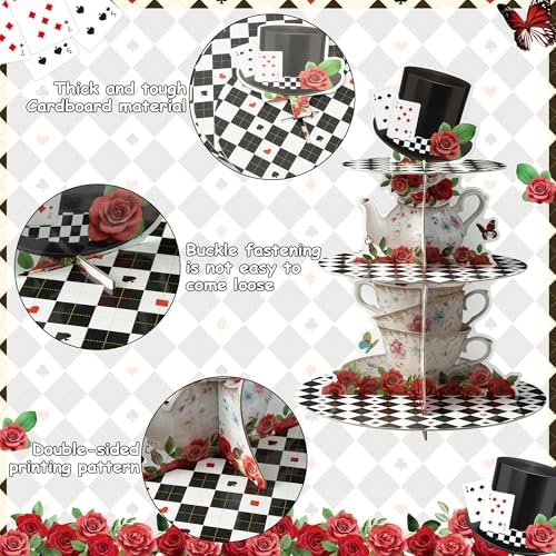 Tea Party Cupcake Stand - 3 Tier Floral Tea Party Cupcake Tower Decorations Wonderland Teapot Black and White, alternate view