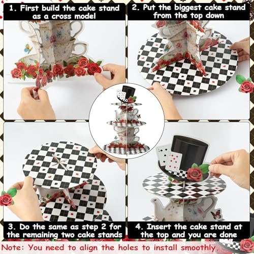 Tea Party Cupcake Stand - 3 Tier Floral Tea Party Cupcake Tower Decorations Wonderland Teapot Black and White, alternate view