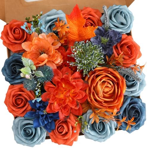 Teal Orange Artificial Flowers Combo for Wedding & Home Decor in Teal Royal Blue&orange