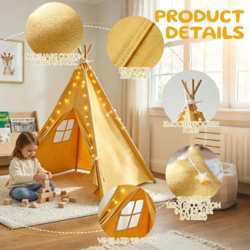 Teepee Tent for Kids, with String Lights,6 PackYellow, alternate view 3