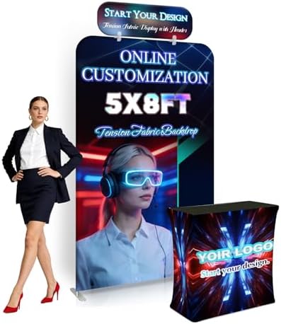 Tension Fabric Backdrop with Header, 5x8 FT Trade Show Display Stand, Fabric Banner Stand for Trade Shows