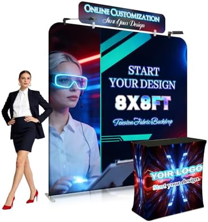 Tension Fabric Backdrop with Header, 8x8 FT Trade Show Display Stand, Fabric Banner Stand for Trade Shows
