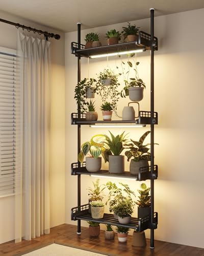 Tension Rod Plant Stand with Grow Lights Adjustable Hanging Shelf